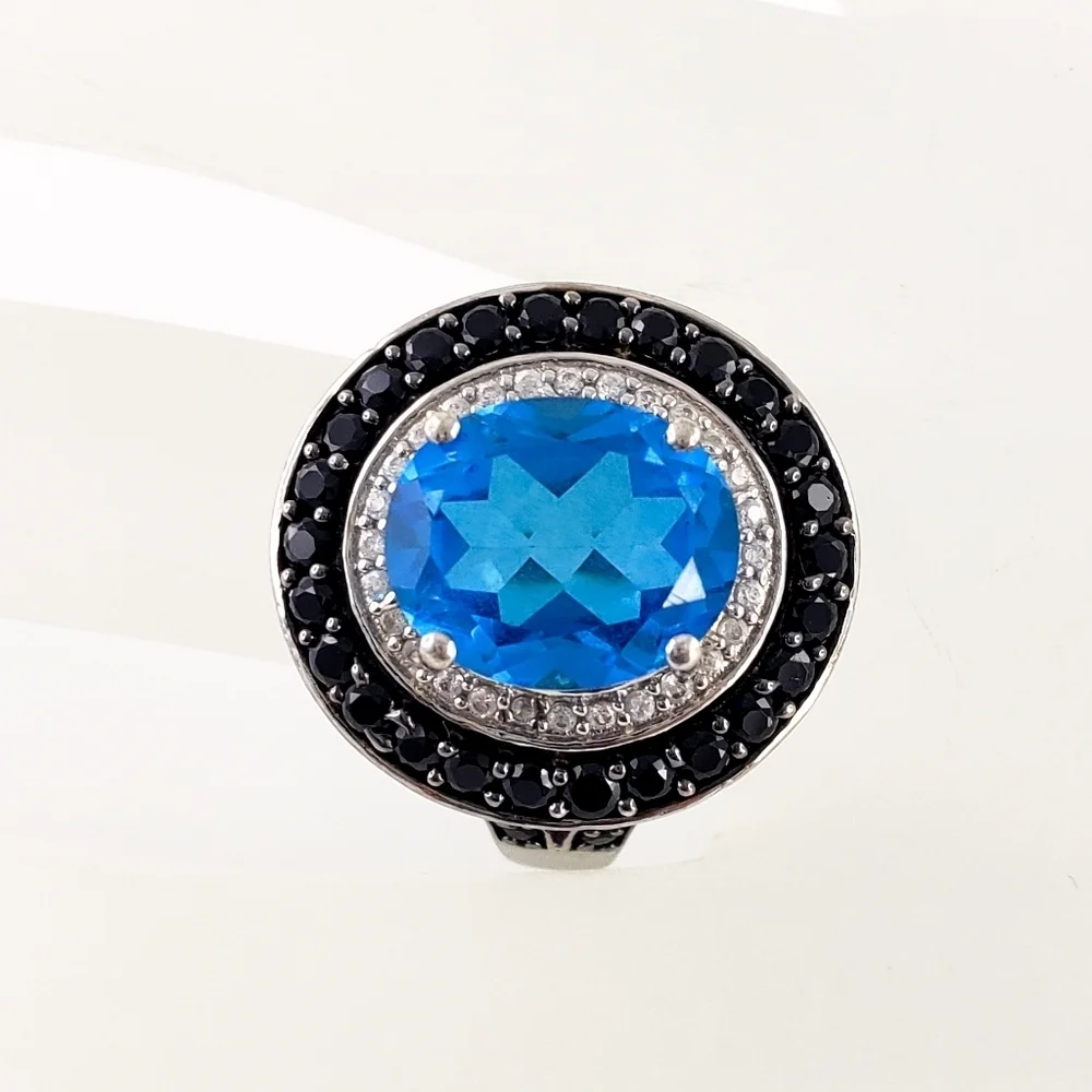 Swiss Blue Topaz Statement Ring black spinel sterling silver ring size 10
